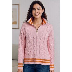 Lands' End Drifter 1/4 Zip Cable Knit Sweater Pink Orange Size XL EUC!!!
